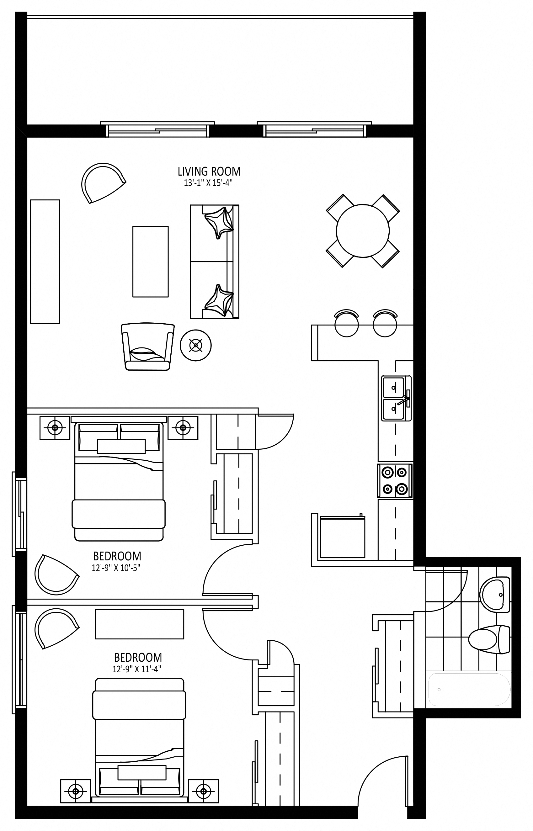 Floor plan for 2 beds, 1 bath, 896 sqft